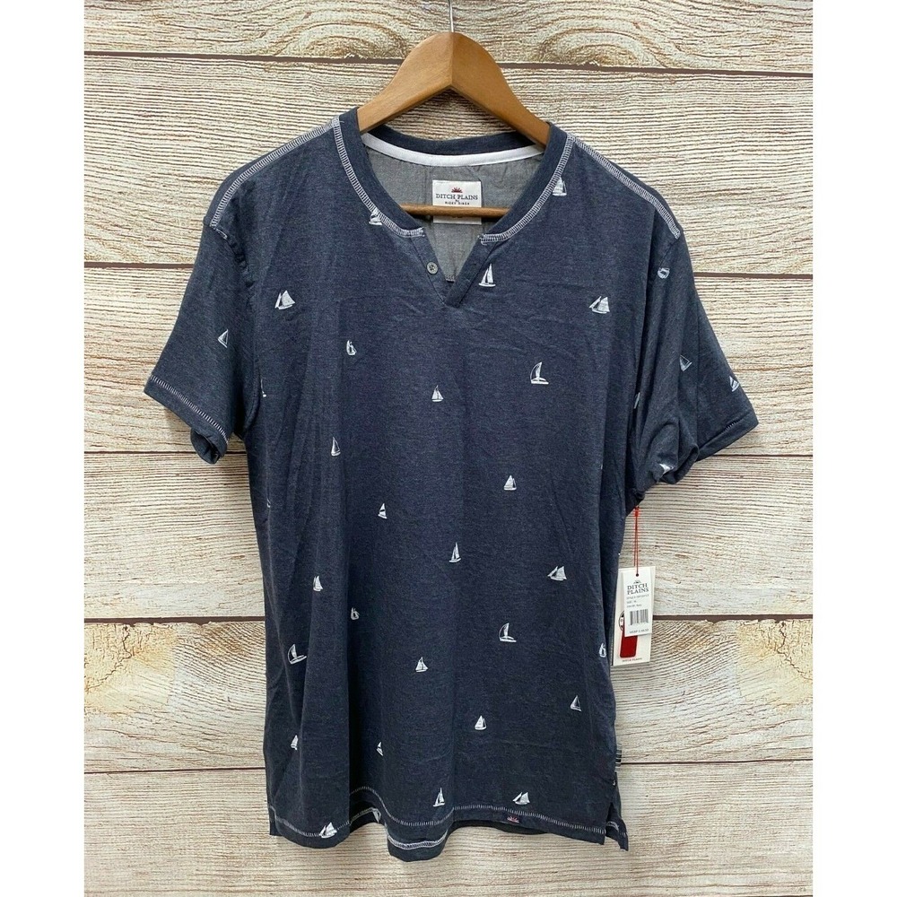 Henley Shirt Ditch Plains Ricky Singh Mens Large Skinny Fit Sailboat Shirt New